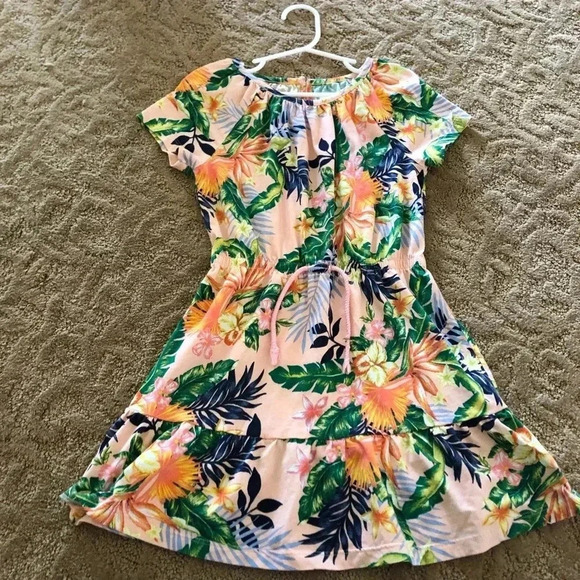 Gap kids tropical flower flounce dress small 6-7 peach pink floral short sleeve - Picture 3 of 9